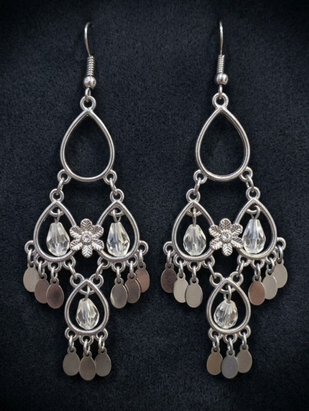 Silver Tone Floral Crystal Chandelier Wedding Formal Drop Earrings OS